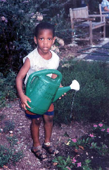 young helper watering vinca